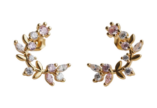 Vintage Inspired Cubic Zirconia Flower Leaf C-Shape Earrings