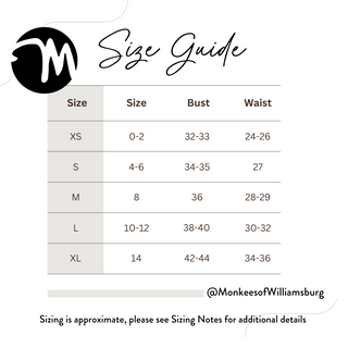 Size guide chart for clothing with brand logo and text