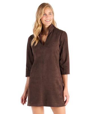 A woman modeling a brown faux-suede mini dress with three-quarter sleeves and a split V-neckline, set against a plain white studio background.