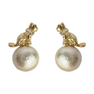 Artisan Egyptian Cat Pearl Stud Earrings