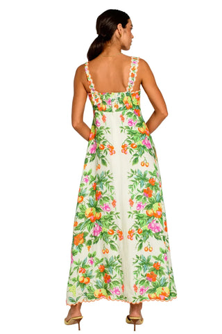 Woman wearing a floral dress on a white background