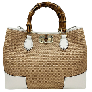 NANABAGS Bamboo Raffia Bag With Hammered Leather Trim - Bianco Monkee's of Willamsburg