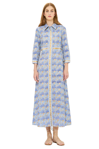 Florence Blue maxi shirt dress with hand-block printed acanthus motifs and gold painted accents, featuring mother of pearl buttons and tailored collar