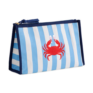 Blue striped pouch with red crab emblem and wine glasses