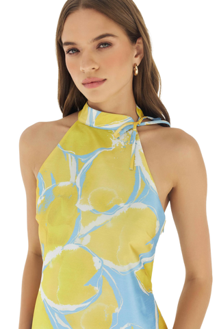Nami dress in blue yellow watercolor gardenia print, featuring sleeveless A-line silhouette with high bow tie neckline and side pockets