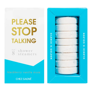 Please Stop Talking blackberry vanilla musk shower steamers with essential oils in gift-ready packaging, vegan aromatherapy self-care