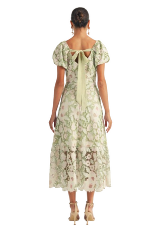 Puff Sleeve Square Neck Open Back Floral Lace Midi