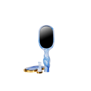 Blue-handled mirror with gold base on a white background