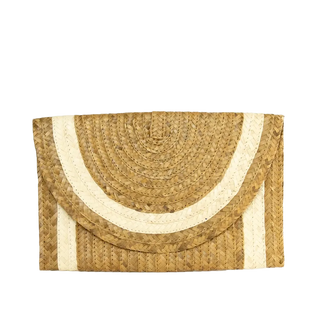 Woven clutch bag with circular design on a white background