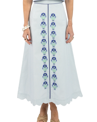 Emmy long maxi skirt featuring navy Henrietta floral print on blue striped cotton, high-waist design with full lining by Garland