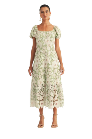 Puff Sleeve Square Neck Open Back Floral Lace Midi