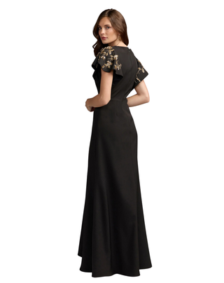 MAC DUGGAL Short Sleeve Crepe Gown With Beaded Bows Monkee's of Willamsburg