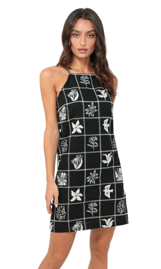 Emeri Grid Embroidered Mini Dress