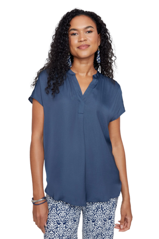 Airflow Cap Sleeve Blouse -  Mandarin Collar Split V-Neck