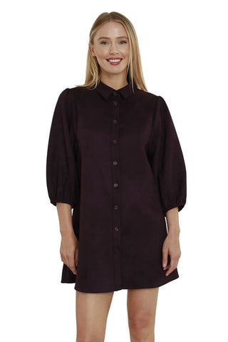 Faux Suede Exaggerated Sleeve Dress-Plum