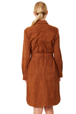Faux Suede Belted Midi Dress-Rust