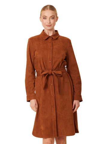 Faux Suede Belted Midi Dress-Rust