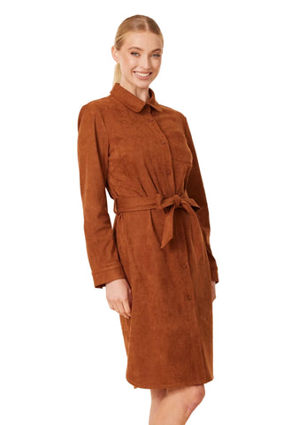 Faux Suede Belted Midi Dress-Rust
