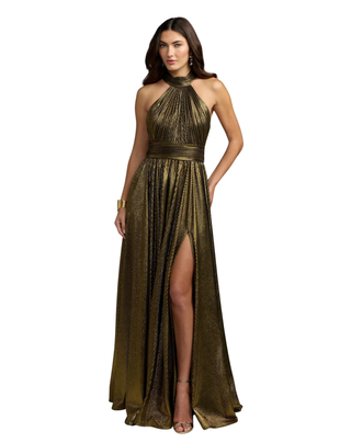 MAC DUGGAL Pleated Metallic Sleeveless Mock Neck Ballgown Monkee's of Willamsburg