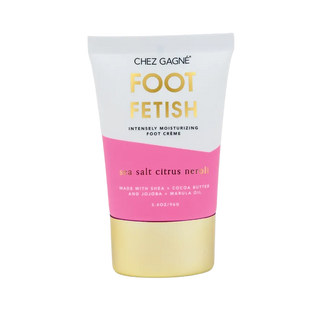 Foot Fetish foot cream in sea salt citrus neroli featuring shea butter, cocoa butter and marula oil in recyclable tube with gold cap
