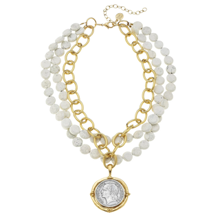 Mixed Metal Coin Multi-Strand White Turquoise Necklace