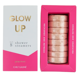 Glow Up grapefruit shower steamers gift set with essential oils in bold gift-ready packaging, vegan and cruelty-free aromatherapy