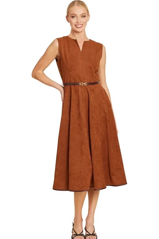 Faux Suede Belted Midi Dress-Rust