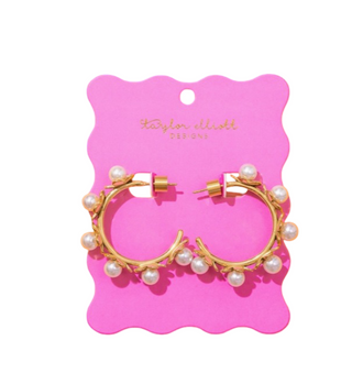 Hoop Earrings - Medium - Gold-Plated Flowers W/Pearls - Kali