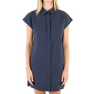 Navy blue sleeveless dress worn by a model on a white background