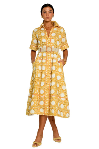 Woman wearing a yellow patterned dress on a white background