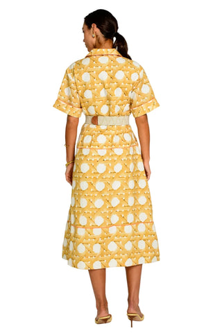 Woman wearing a yellow and white patterned dress on a white background