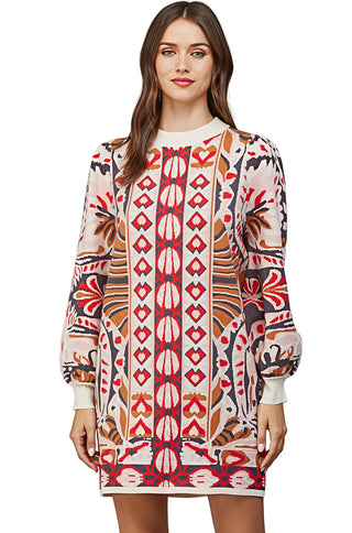 Tribal and Floral Motif Jacquard Knit Sweater Dress