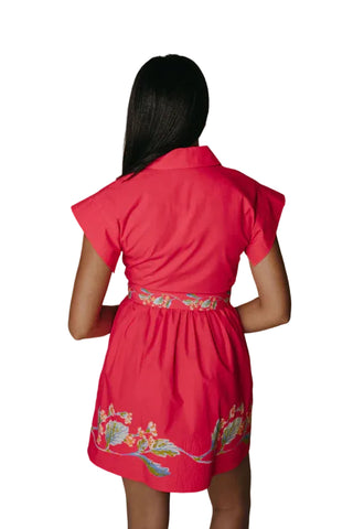 Red dress with floral embroidery on a plain background