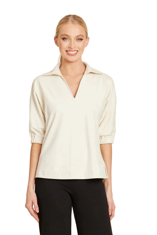Faux Suede Johnny Collar Top-Beige