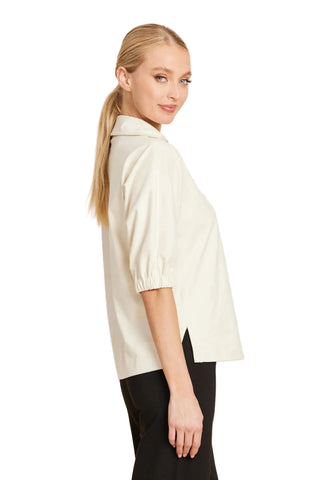 Faux Suede Johnny Collar Top-Beige