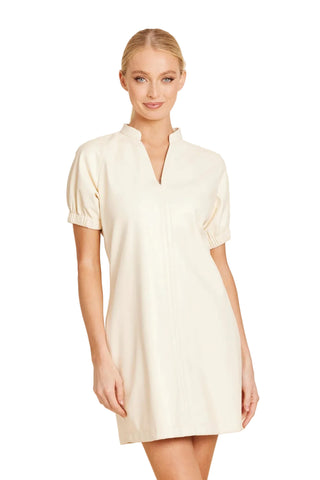 Vegan Leather VNeck Short Sleeve Dress-Creme