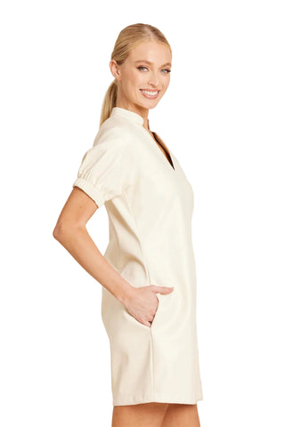 Vegan Leather VNeck Short Sleeve Dress-Creme