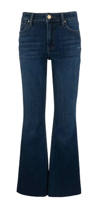 Dark blue denim flare jeans with a classic five-pocket design and a single gold-tone button closure, shown against a plain white background.