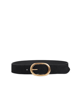 Black belt with a gold buckle on a white background