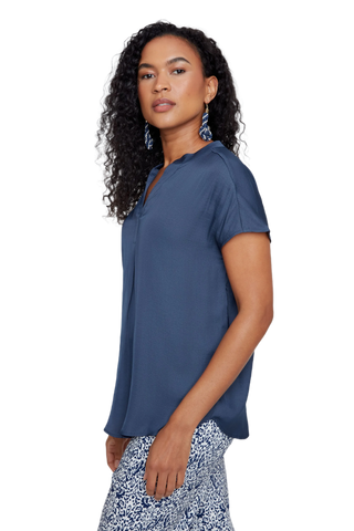 Airflow Cap Sleeve Blouse -  Mandarin Collar Split V-Neck