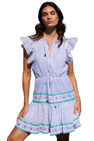 Capri Blue cinched short dress with hand-block printed floral motifs, featuring tiered skirt, adjustable tie neck and waist with decorative beads