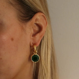 Double-Rim Gem Charm Hoop Earrings - 24k Gold Plated - Emerald Green