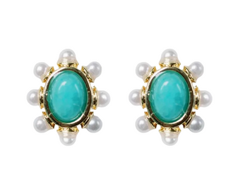 Turquoise and Pearl Oval Stud Earrings
