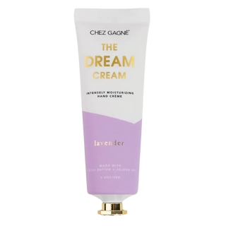 Dream Cream lavender hand lotion in recyclable tube with gold cap, featuring cocoa butter and jojoba oil for nighttime hydration