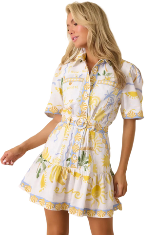 White printed summer dress with short sleeves