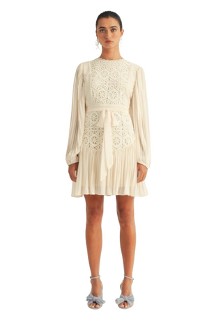 Long Sleeve Lace Contrast Drop Waist Pleated Mini Dress