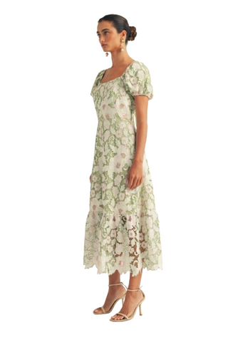 Puff Sleeve Square Neck Open Back Floral Lace Midi