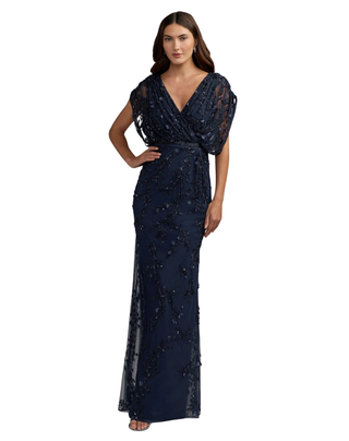MAC DUGGAL Beaded Mesh V Neck Blouson Column Gown Monkee's of Willamsburg