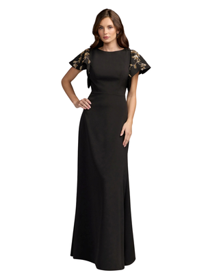 MAC DUGGAL Short Sleeve Crepe Gown With Beaded Bows Monkee's of Willamsburg