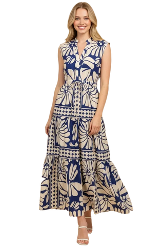 Floral & Geometric Print Tiered Maxi Dress